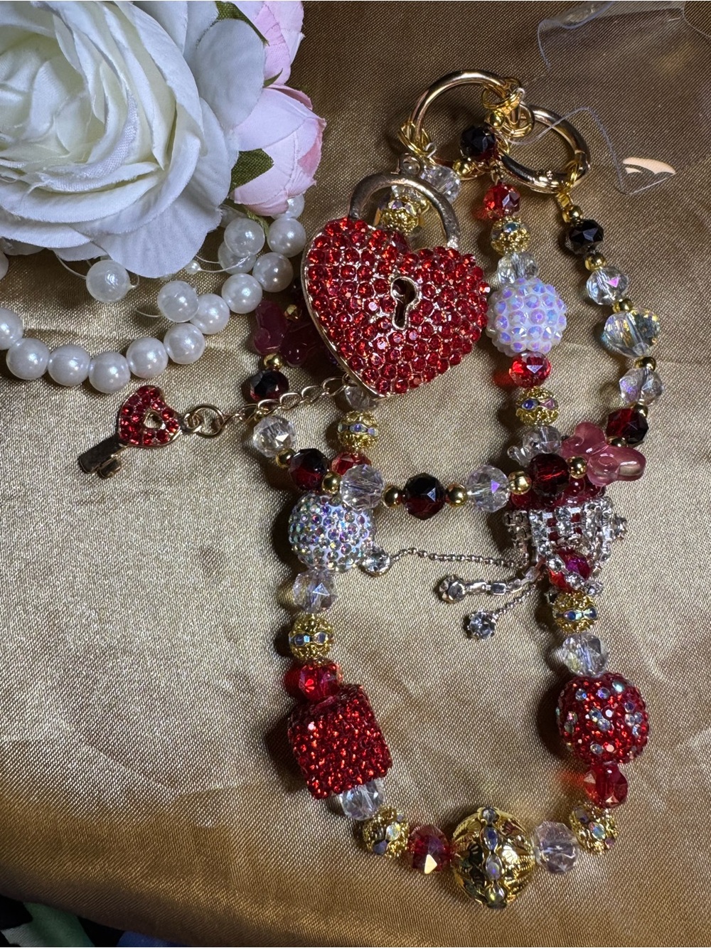 Sparkling Red Heart Lock Pendant Necklace - Women's Jewelry